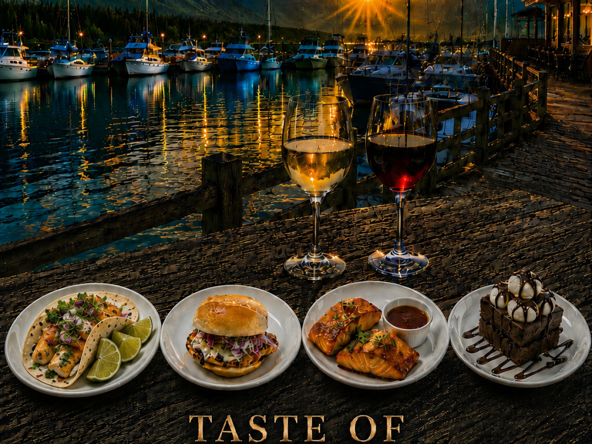 Sunset over a marina with mountains, plates of food, and drinks; text reads 'Taste of Seward: Eat, Drink, Explore.'