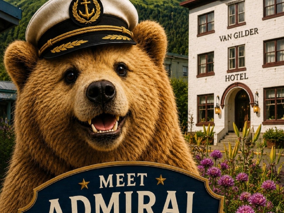 Bear wearing captain's hat in front of Van Gelder Hotel, sign reads 'Meet Admiral the Alaskan bear'.