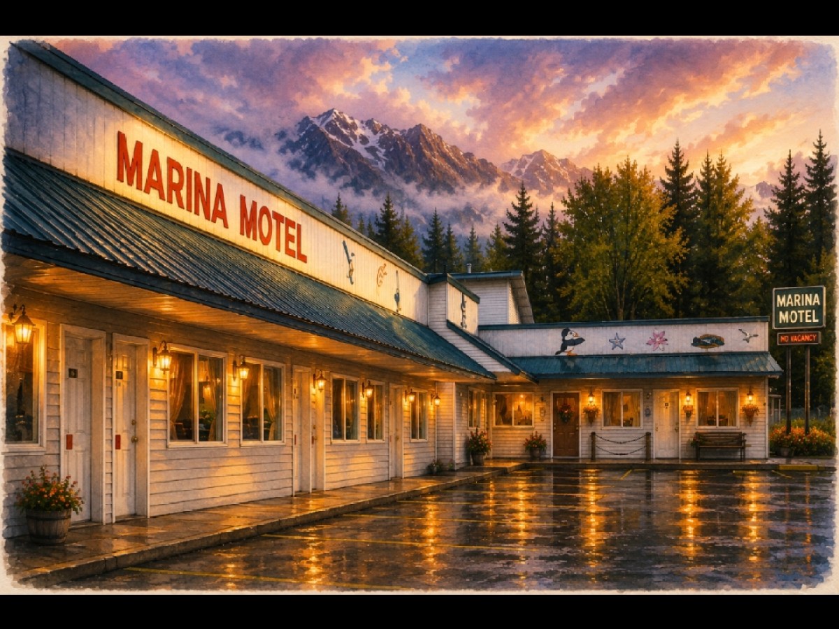 Marina Motel at sunset with wet pavement reflecting light.