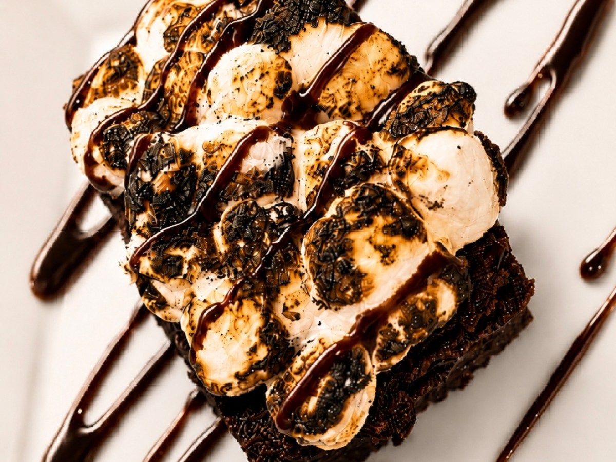 Chocolate brownie topped with toasted marshmallows and drizzle on a white plate.