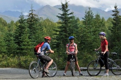 a group of people riding on the back of a bicycle