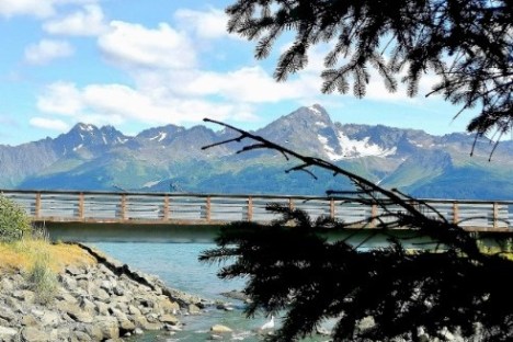 a bridge over a body of water with a mountain in the background