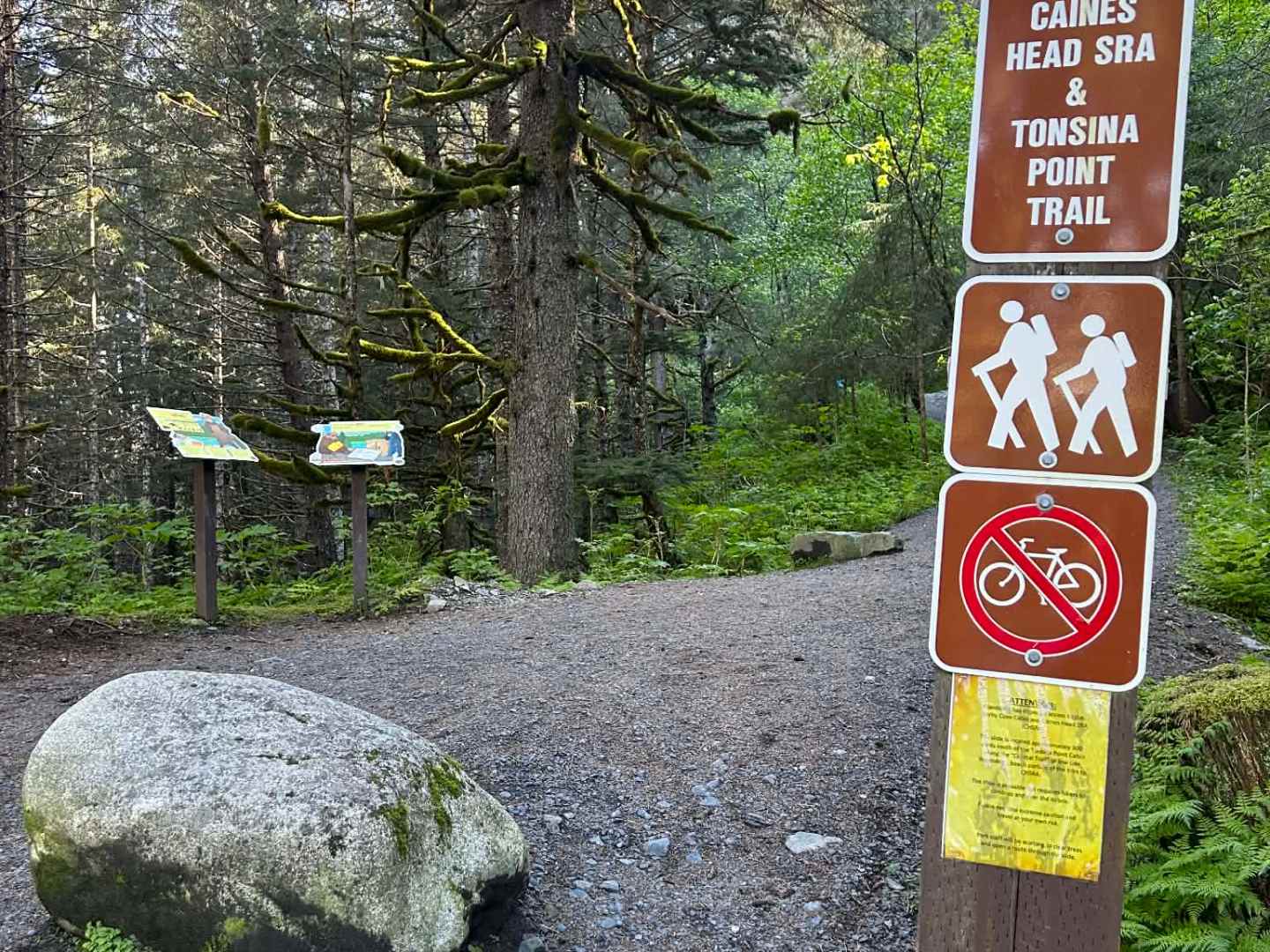 Forest trailhead with hiking signs and a no bicycle symbol, surrounded by trees and a large rock.