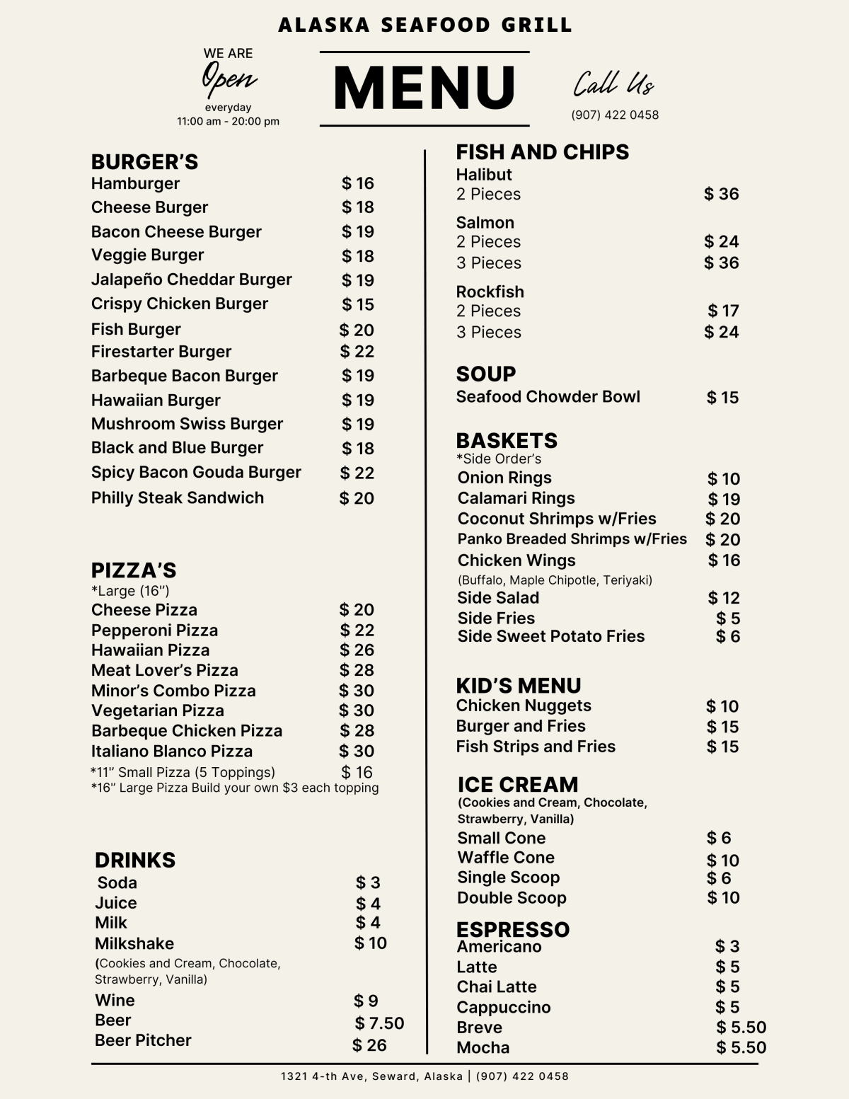 Alaska Seafood Grill (Winter Menu 2024-2025) table