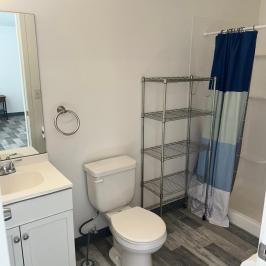 Bathroom with sink, toilet, metal shelf, and blue shower curtain.