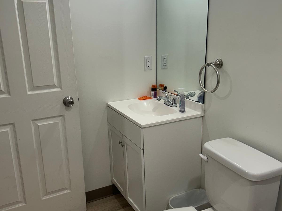 Bathroom with a toilet, sink, mirror, and wooden floor.