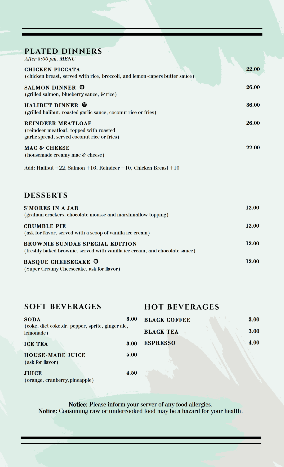 A dinner menu lists plated dinners, desserts, and beverages with prices.