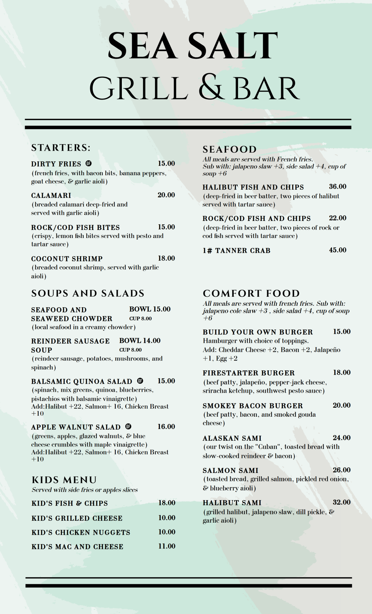 Menu for Sea Salt Grill & Bar listing starters, soups, seafood, comfort food, and kids' menu.