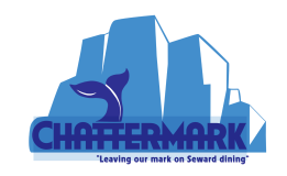Logo with blue iceberg, whale tail, 'CHATTERMARK' and slogan 'Leaving our mark on Seward dining'.