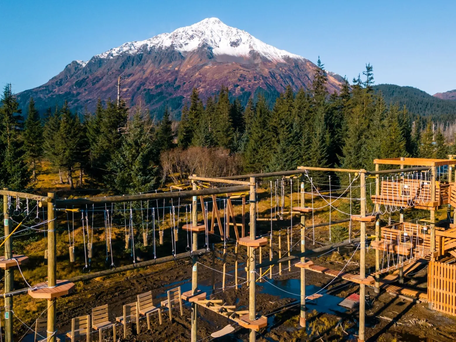 Rope obstacle course in forest with snowy mountain in background under clear blue sky.