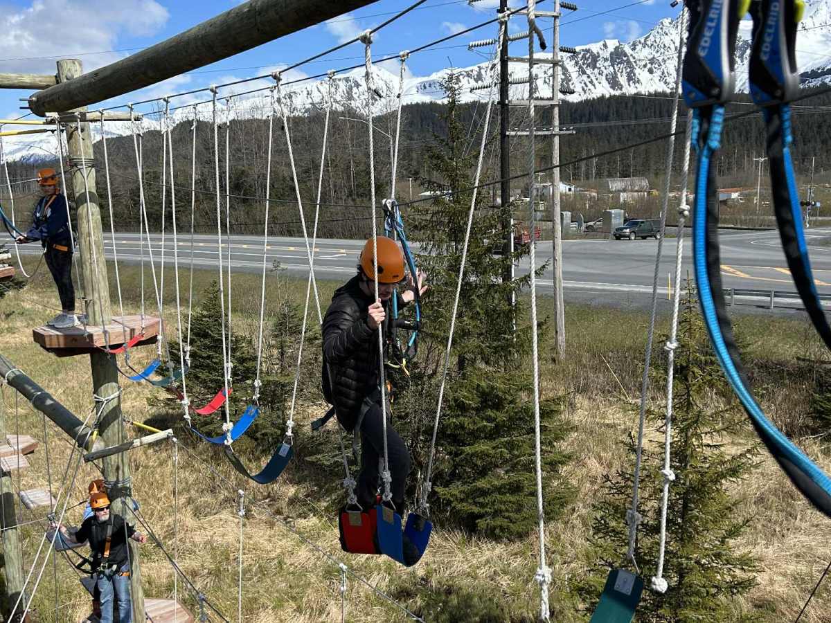 People in harnesses navigating a high ropes course with snowy mountains in the background.