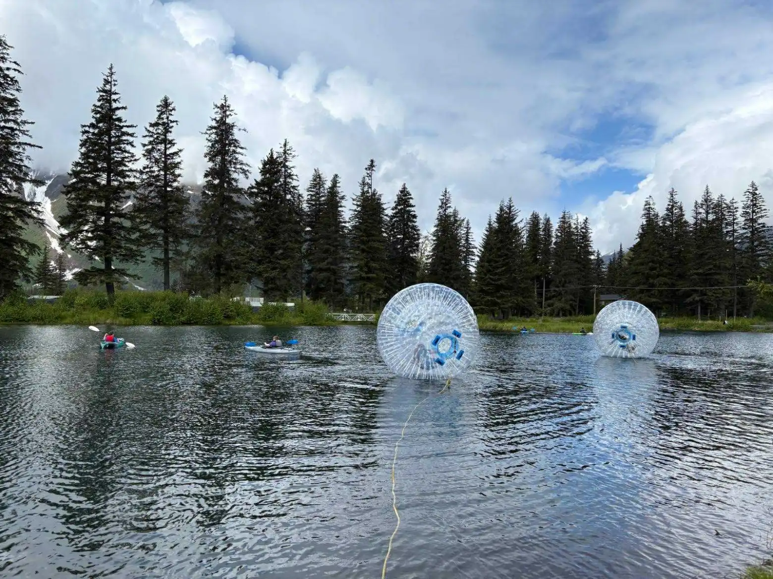 Lake with kayakers and transparent inflatable balls near pine trees.