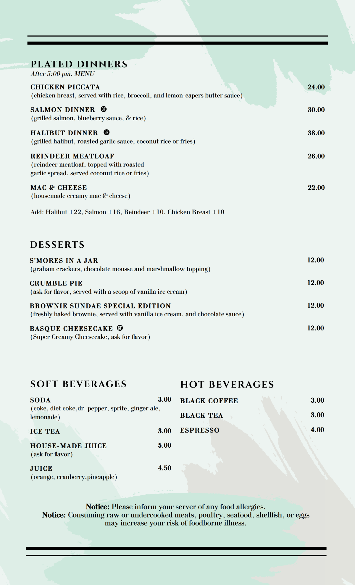 Menu with plated dinners, desserts, soft and hot beverages listed.