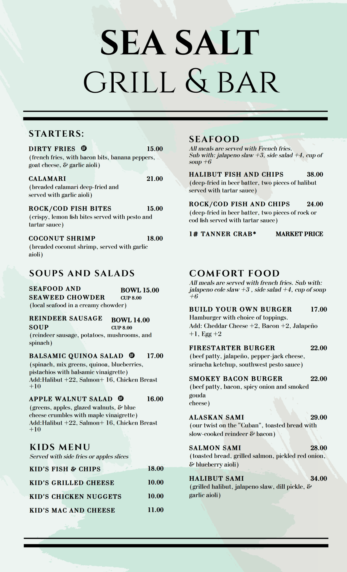 Sea Salt Grill & Bar menu with starters, seafood, comfort food, soups, salads, and a kid's menu.