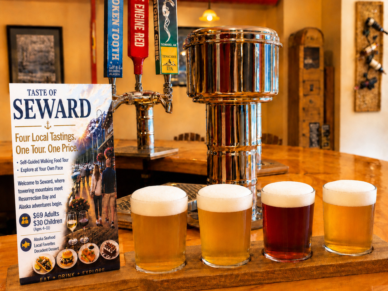Beer flight with four glasses on a bar, tasting tour sign in the background.