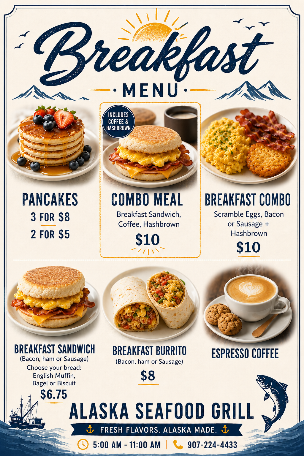 Breakfast menu with images and prices of pancakes, combo meals, sandwiches, burrito, and espresso.