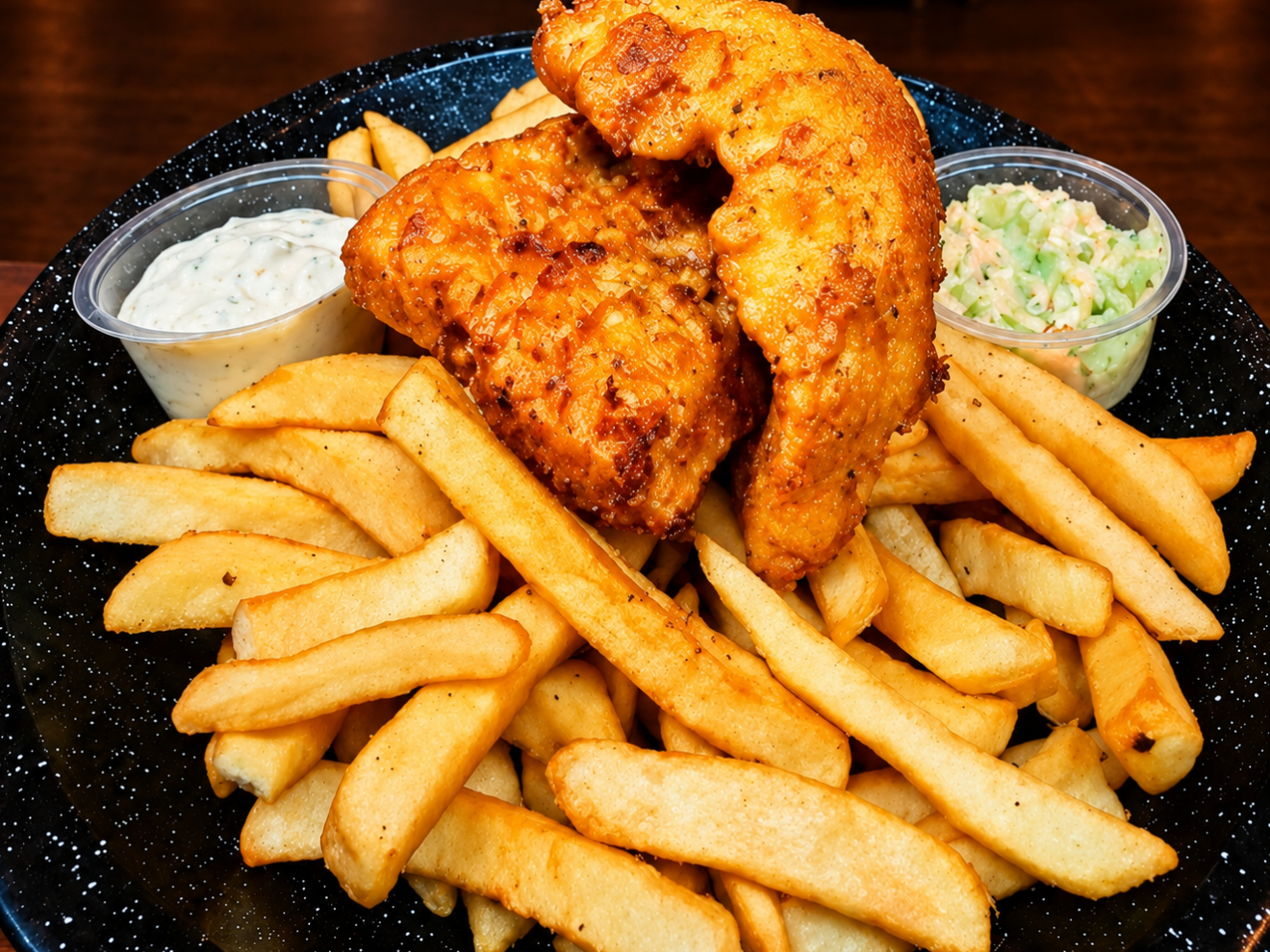 Plate of fish and chips with tartar sauce and coleslaw.