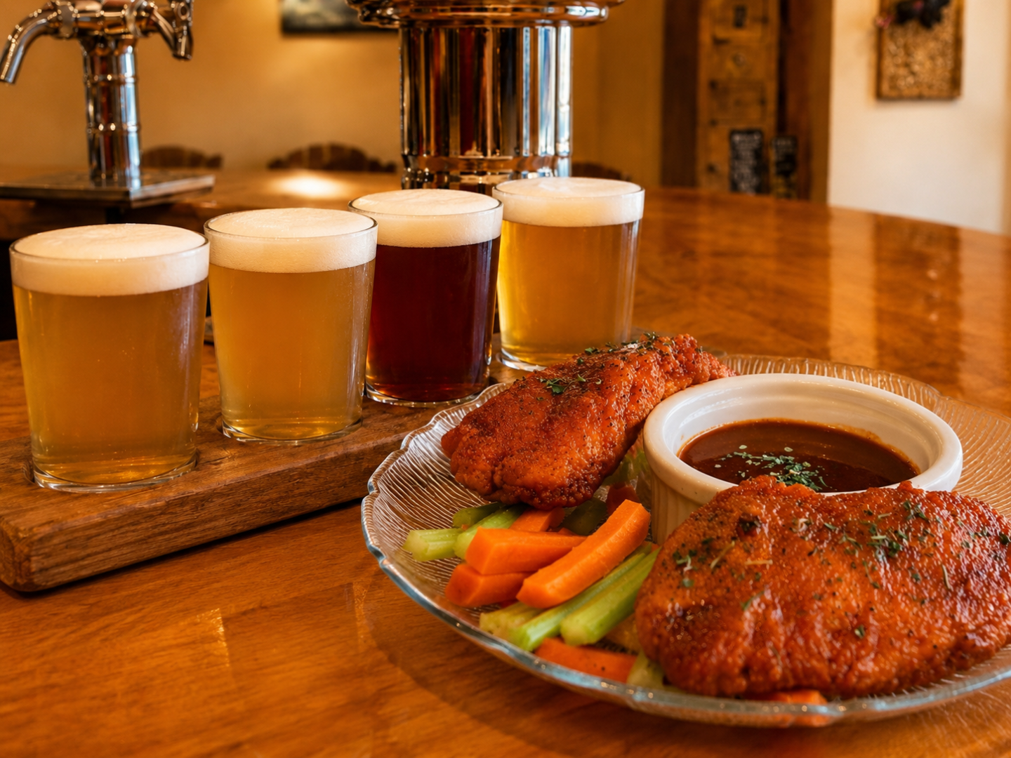 Four beer glasses with chicken wings and dipping sauce on a table.