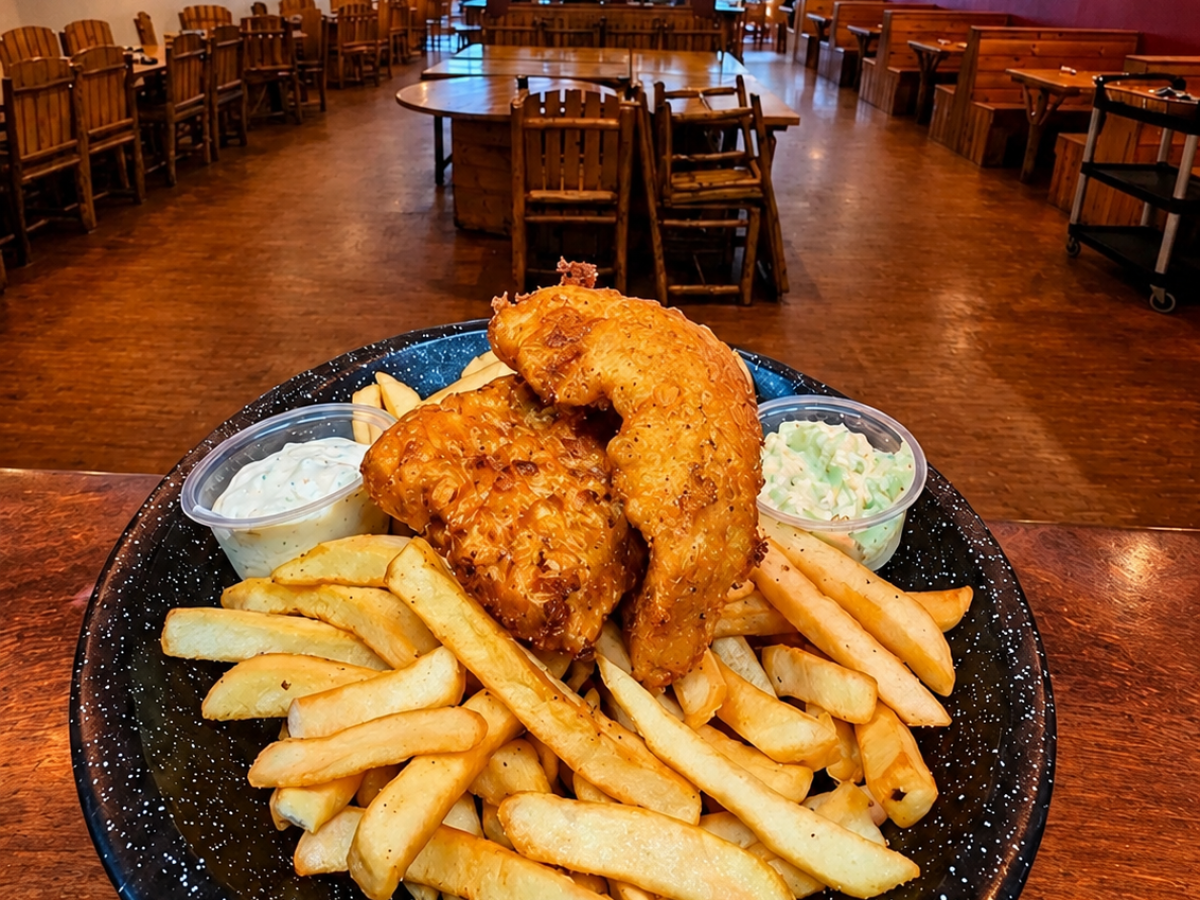 Plate of fried chicken and fries with dip on a restaurant table.