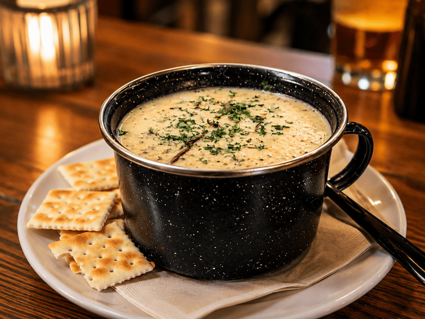 Black mug of creamy soup with herbs, on a plate with crackers.