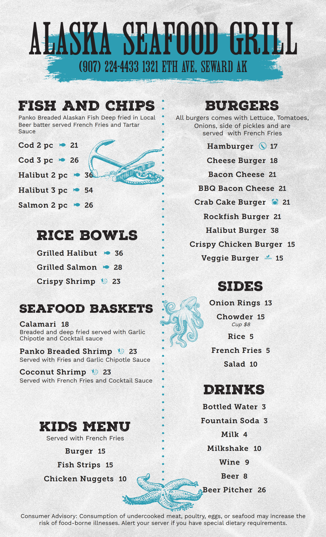 Restaurant menu featuring seafood, burgers, rice bowls, and more at Alaska Seafood Grill.