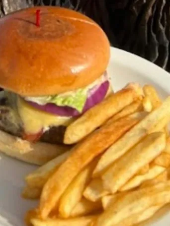 Cheeseburger with lettuce, red onion, fries on a plate.
