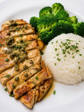 Sliced chicken with sauce, white rice, and broccoli on a plate.