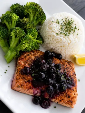 Grilled salmon with blueberries, broccoli, and rice on a white plate.
